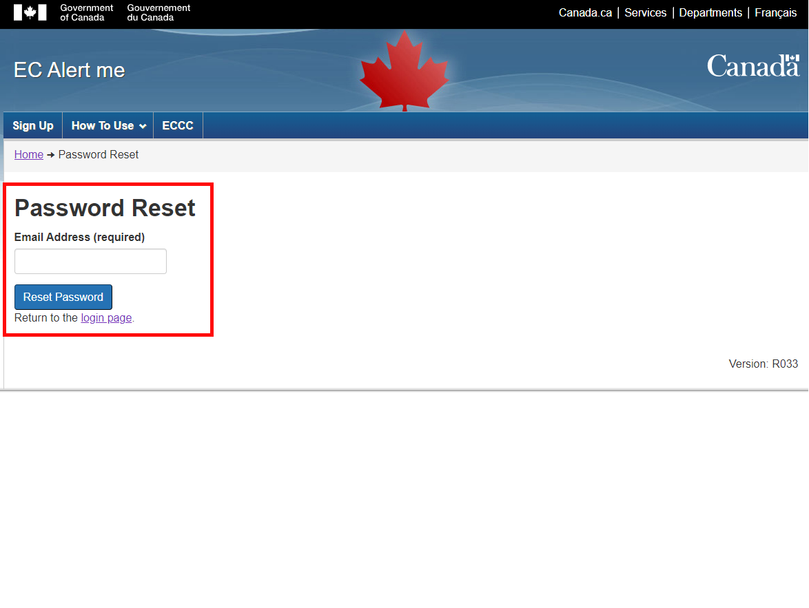 Sample image of password reset form