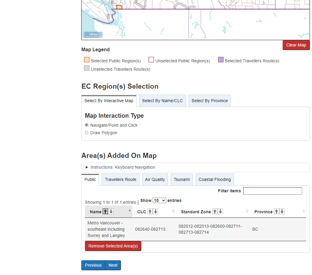 Sample image displaying sample table of areas added on map