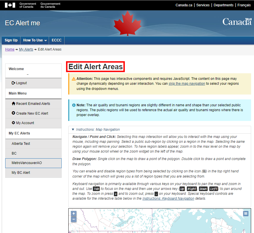 Sample image displaying a sample of the edit alert area page