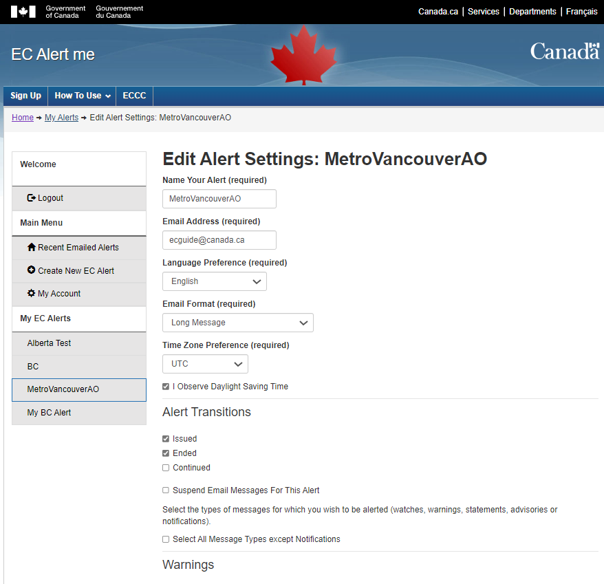 Sample image displaying form to edit alert settings