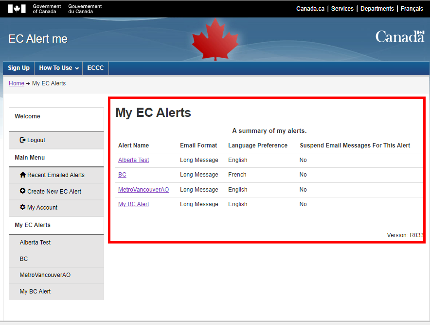Sample image displaying the 'My Alerts' page with sample alerts